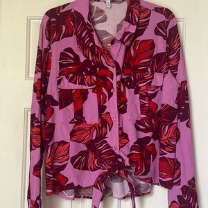 Sophia Vergara Tropical Button Down Shirt with Tie Front and Notched Collar.